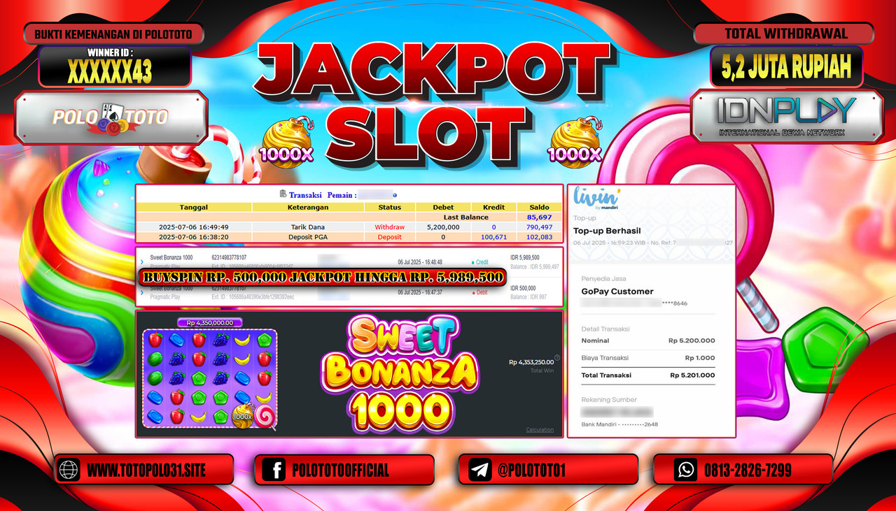 POLOTOTO JACKPOT SLOT SWEET BONANZA 1000 Rp.5.200.000,- LUNAS