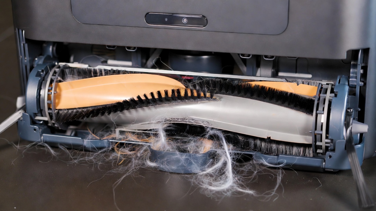 Close-up of robot vacuum brush without hair tangles during pet hair pickup test