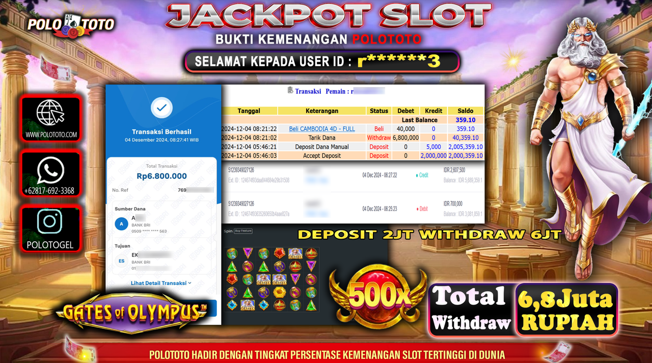 POLOTOTO JACKPOT SLOT GATES OF OLYMPUS Rp.6,800.000,-