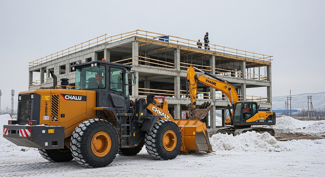 Фронтальный погрузчик и экскаватор на стройплощадке в Иркутске зимой, показ практического применения спецтехники для стройплощадки