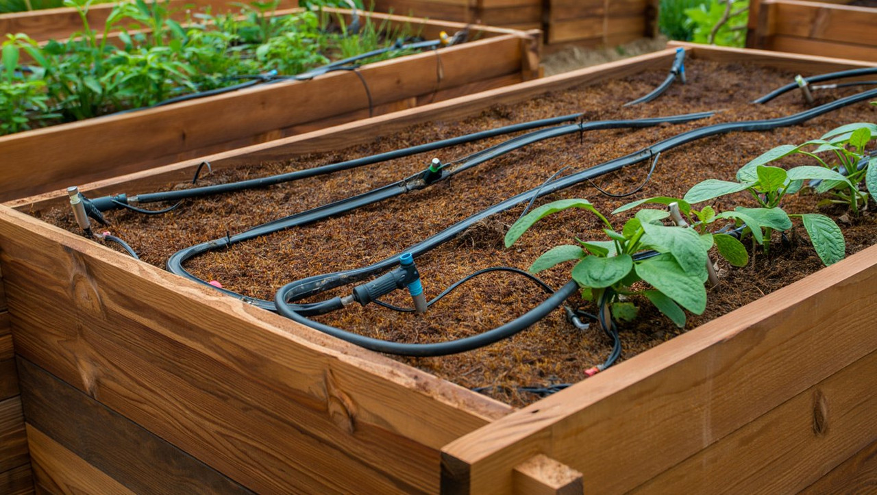 Поднятые грядки с системой автоматического полива для удобного садоводства