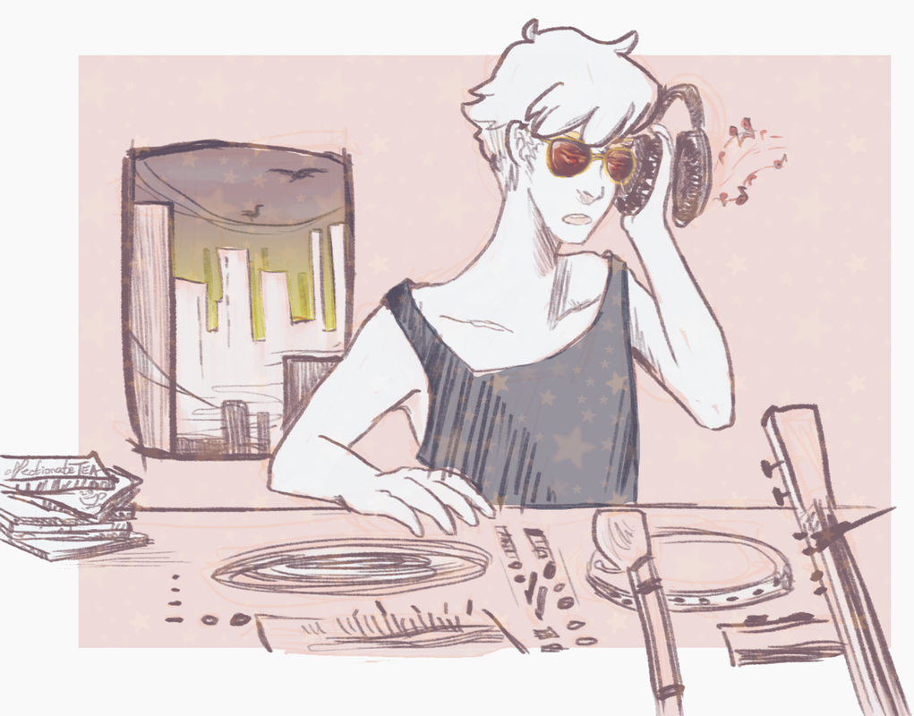 pastel drawing of Dave Strider at a turntable mixing music.