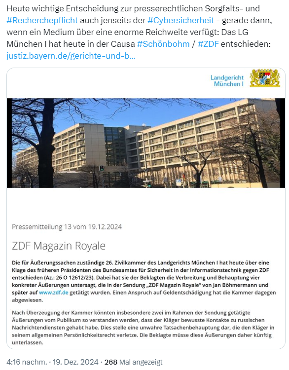 Schönbohm gegen ZDF - Urteil Landgericht München