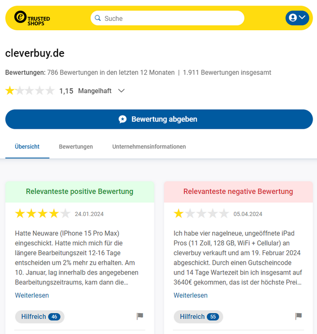 Cleverbuy-Bewertung TrustedShops