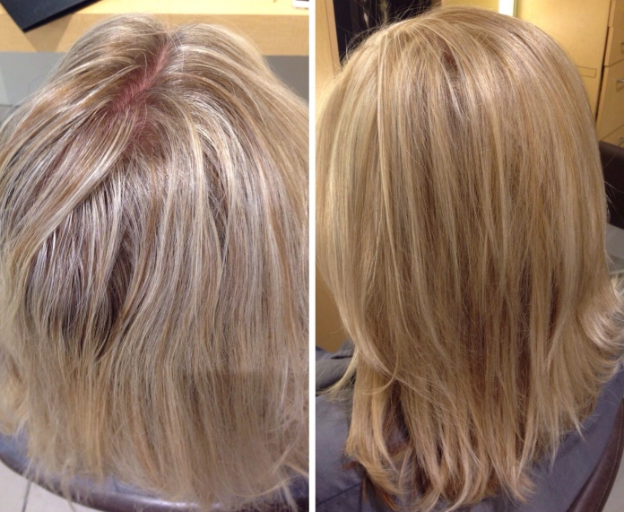 Honey blonde on gray hair before and after