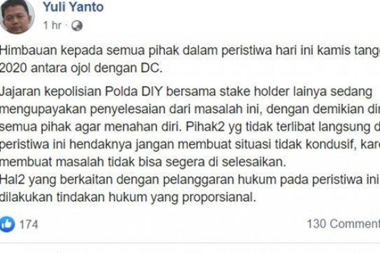 Tangkapan layar imbauan Kabid Humas Polda DIY, Kombes Pol Yuli Yanto, melalui akun facebook pribadinya, Kamis (5/3/2020).