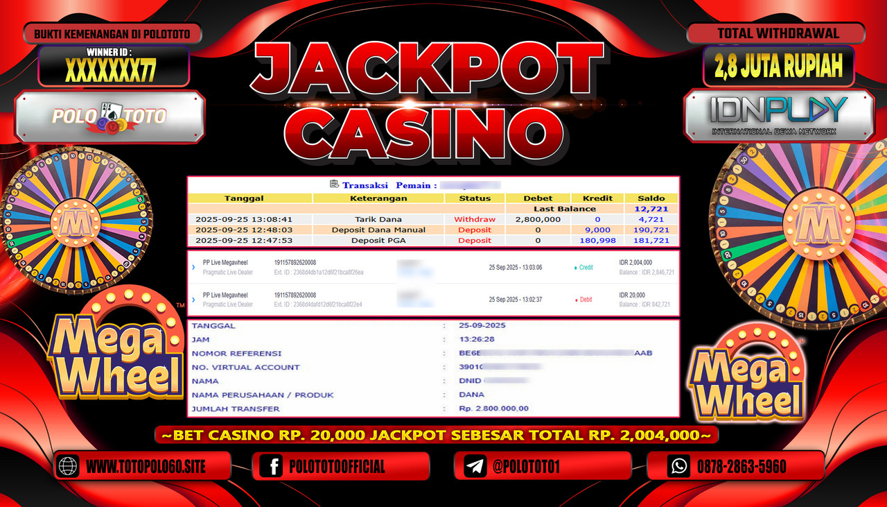 POLOTOTO JACKPOT KASINO PP LIVE MEGAWHEEL Rp.2.800.000,- LUNAS
