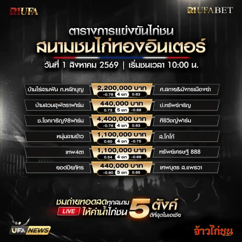 โปรแกรมไก่ชน สนามชนไก่ทองอินเตอร์ 1 สิงหาคม 2569 รวมคู่แข่งขันทั้งหมด 6 คู่