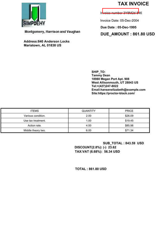 Invoice with predicted bounding box