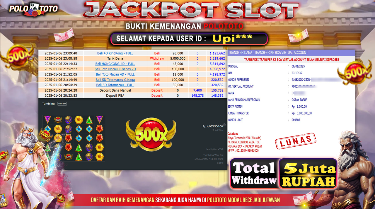 POLOTOTO JACKPOT SLOT GATES OF OLYMPUS Rp.5,000.000,-