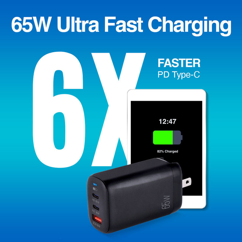 Cargador de pared Argom 65W mostrando sus tres puertos: dos USB-C y un USB-A.