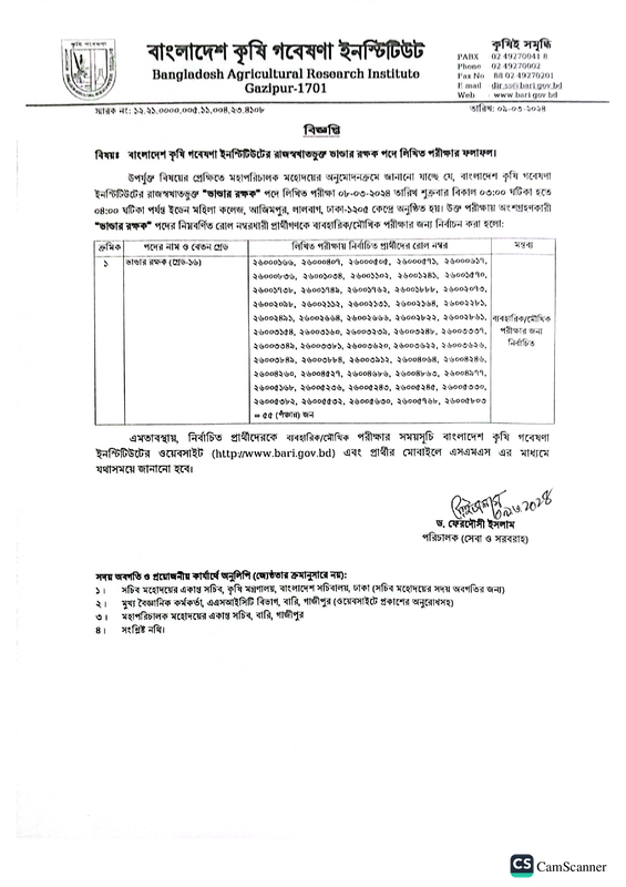 BARI Store Keeper Exam Result 2024 PDF — Postimages