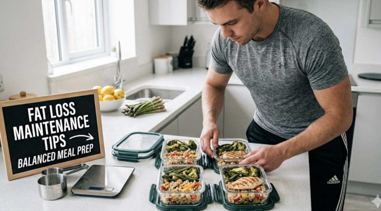 Balanced meal prep containers with grilled chicken, quinoa, roasted vegetables, healthy eating for weight maintenance