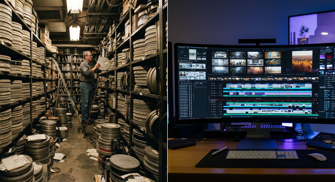 Side-by-side comparison showing a 1980s physical film vault next to a modern single-monitor digital workspace.
