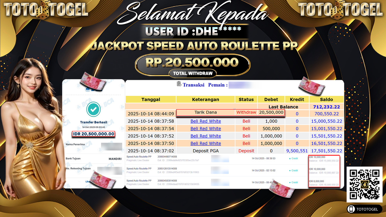 Bukti Pembayaran Jackpot Permainan Live Dealer Speed Auto Roulette PP  ID:DHE**** LUNAS