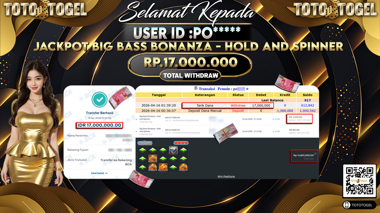 Bukti Pembayaran Jackpot Permainan Slot Big Bass Bonanza - Hold And Spinner ID:PO*****LUNAS