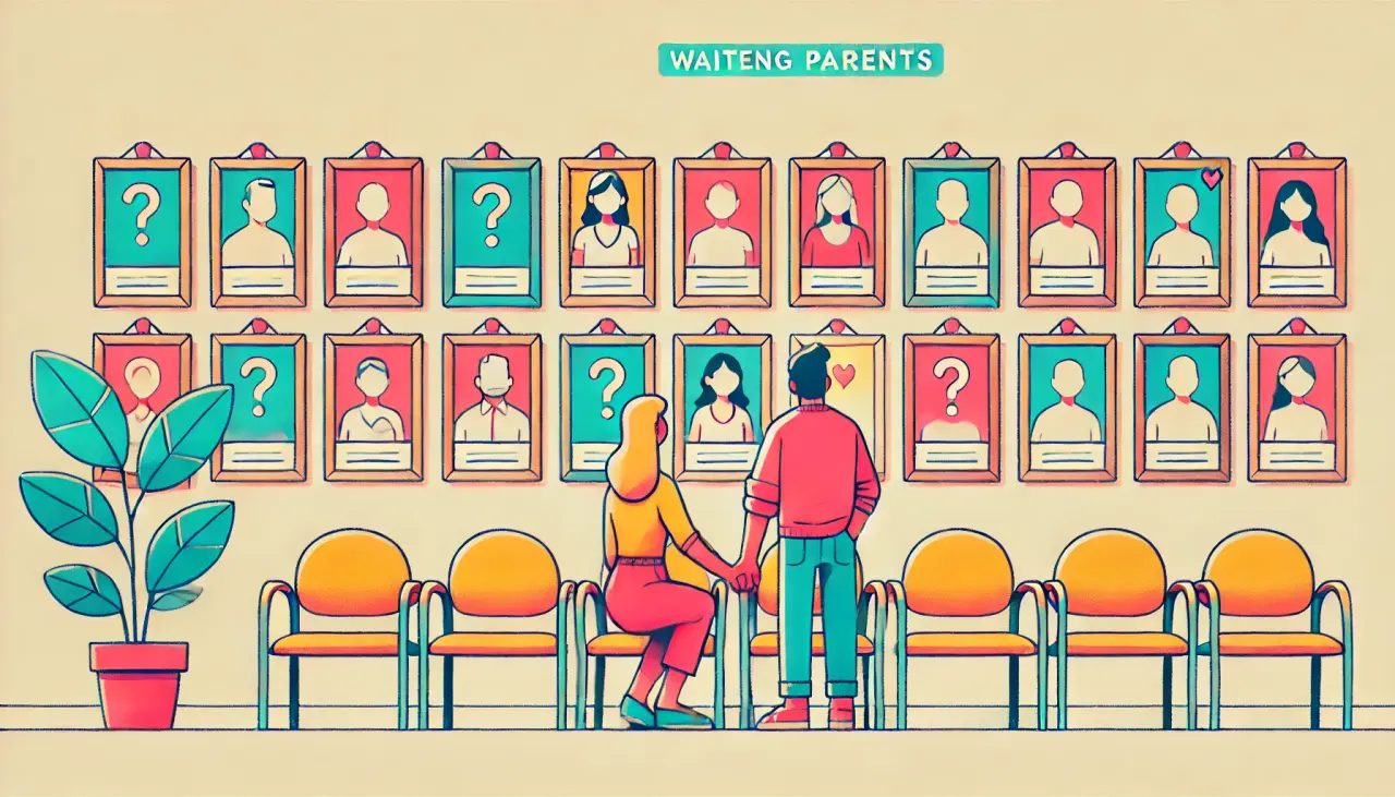 Illustration showing the scarcity of surrogate mothers in Canada, with intended parents waiting in a room filled with empty frames.