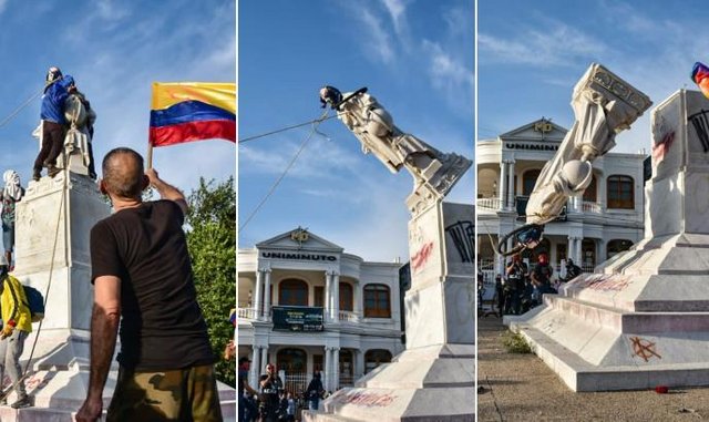 Derriban estatua de Cristóbal Colón en Barranquilla