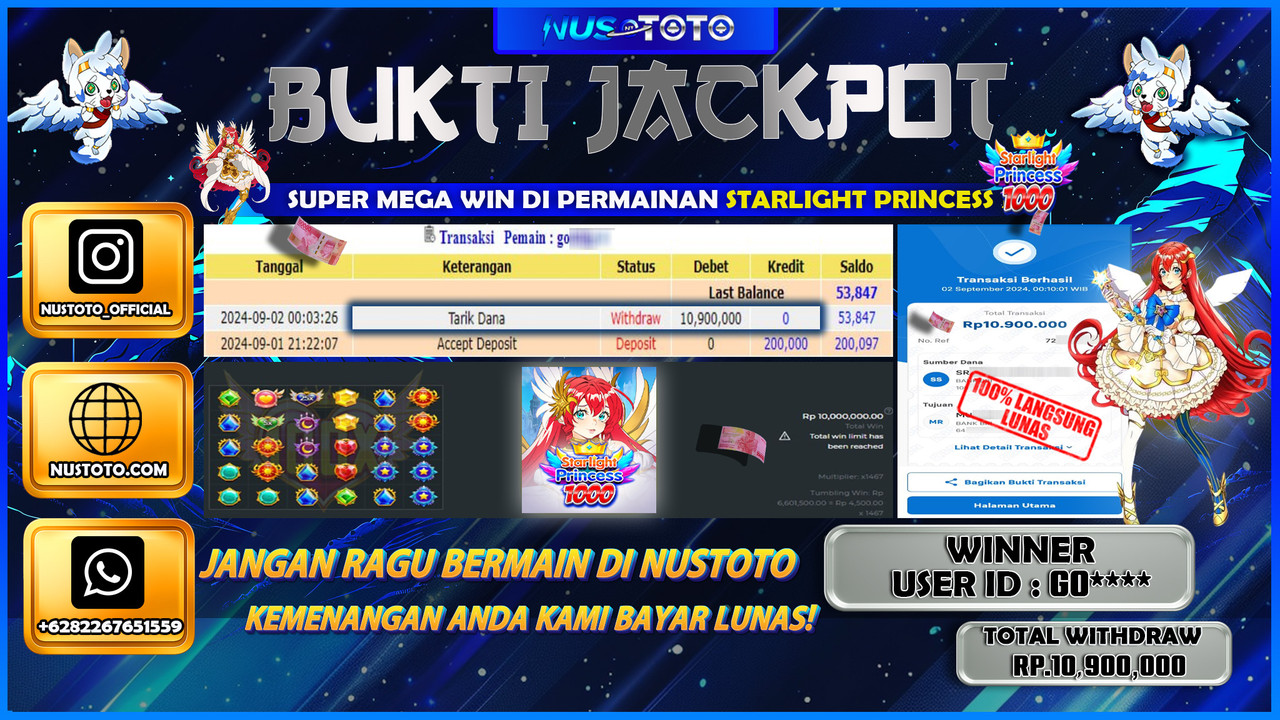 JACKPOT !! MENANG BESAR DI STARLIGHT PRINCESS 100 SENILAI Rp. 10.900.000 LANGSUNG DI BAYAR LUNAS NUSTOTO !!