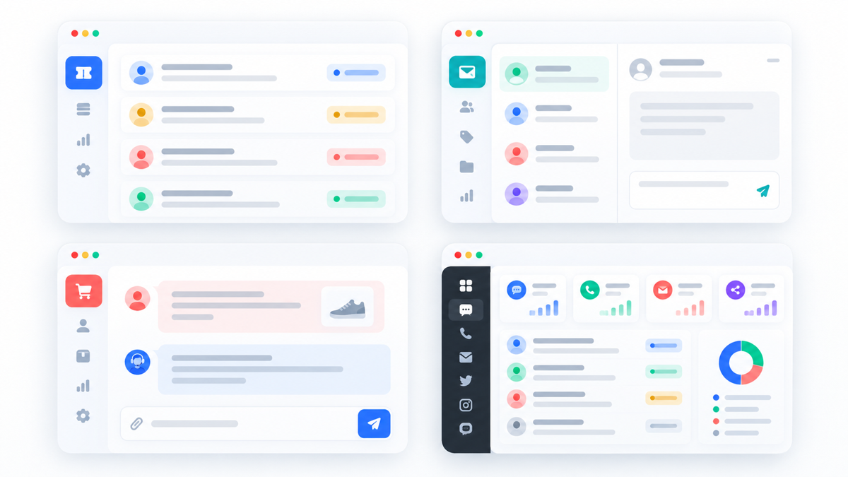 Four abstract support software cards represent ticket queues, shared inboxes, ecommerce conversations, and omnichannel service