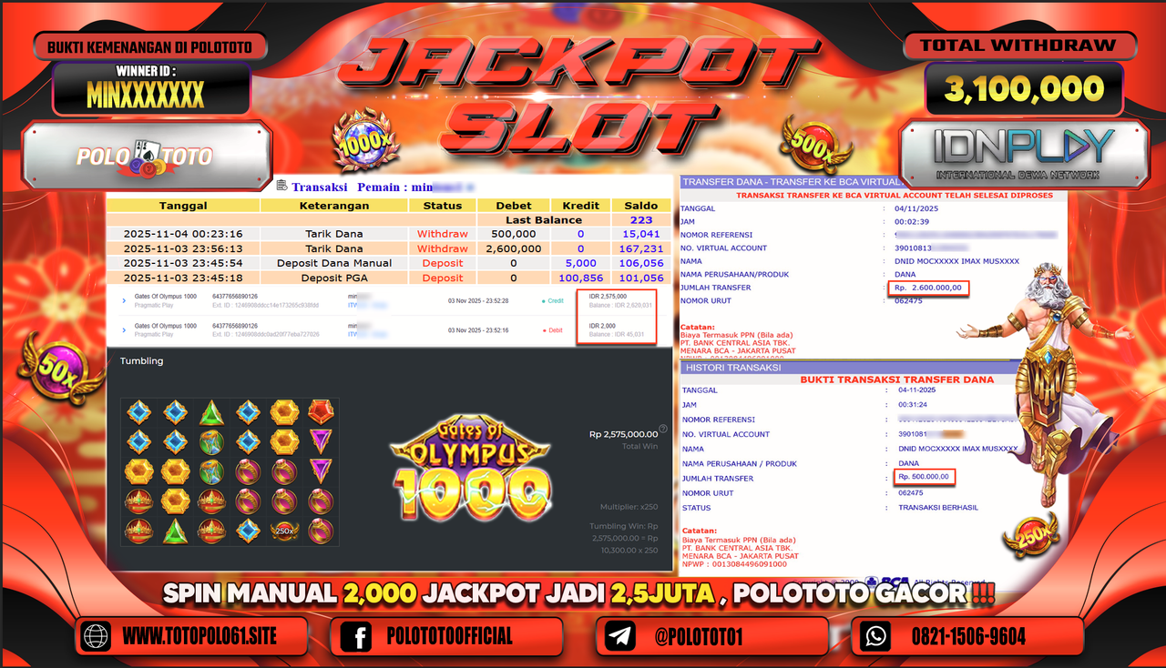 POLOTOTO JACKPOT SLOT GATES OF OLYMPUS 1000 Rp.3.100.000,- LUNAS
