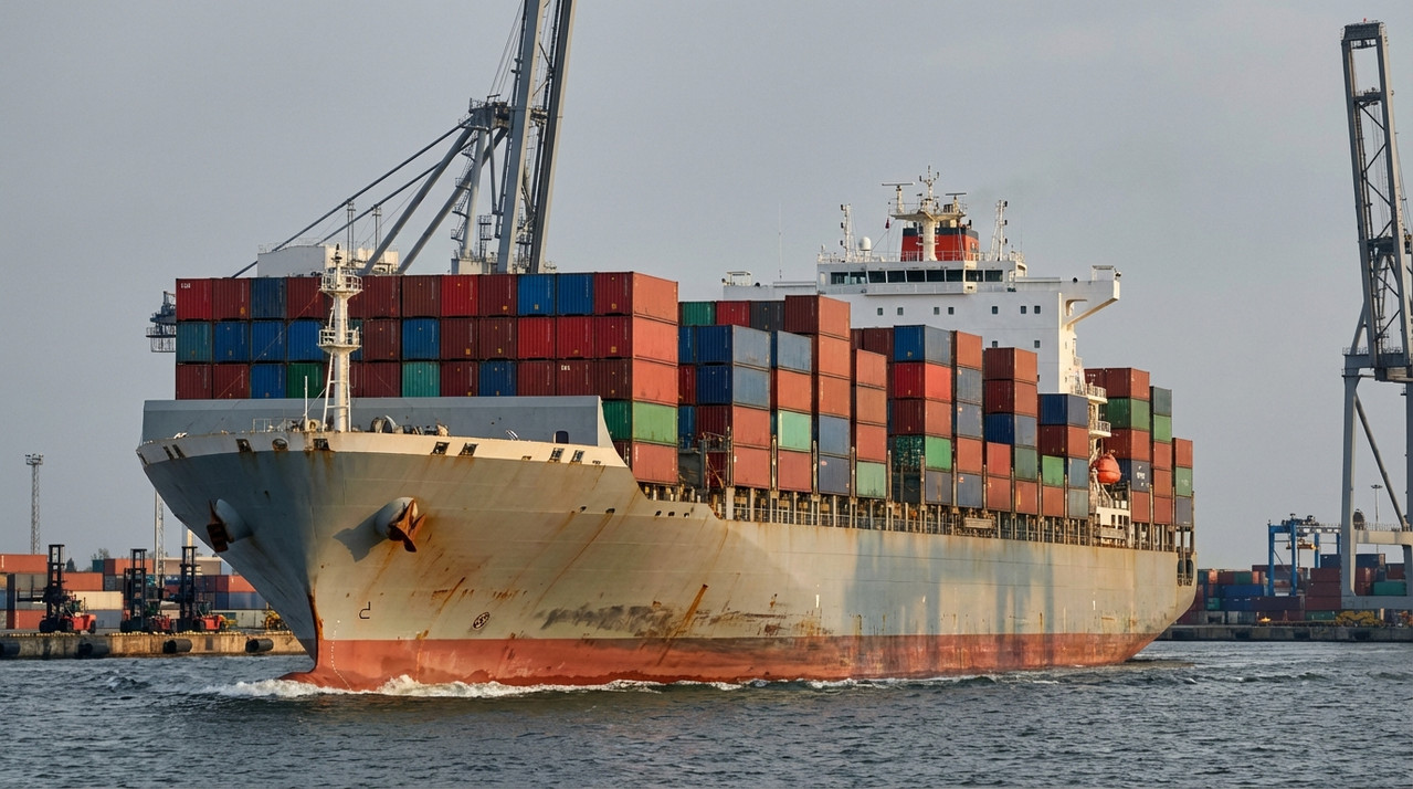 Грузовое судно с контейнерами из Китая в российском порту