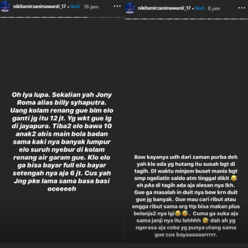 Postingan Nikita Mirzani soal hutang