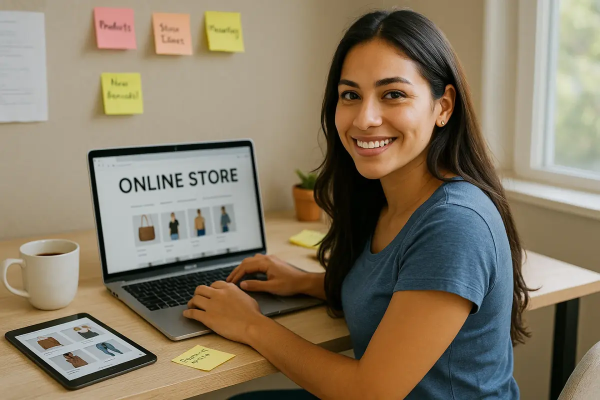 Mujer latina creando tienda online sin saber programar