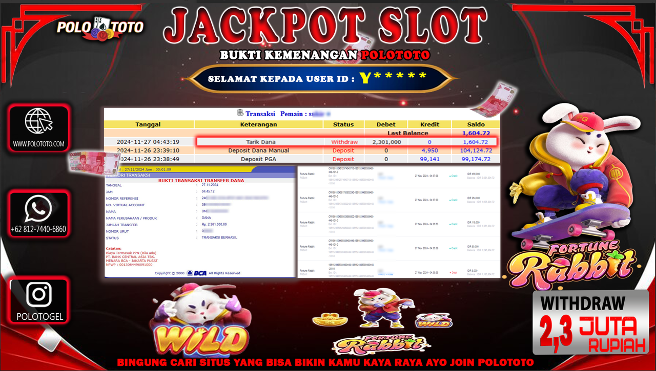 POLOTOTO JACKPOT SLOT FORTUNE RABBIT Rp.2,300.000,-