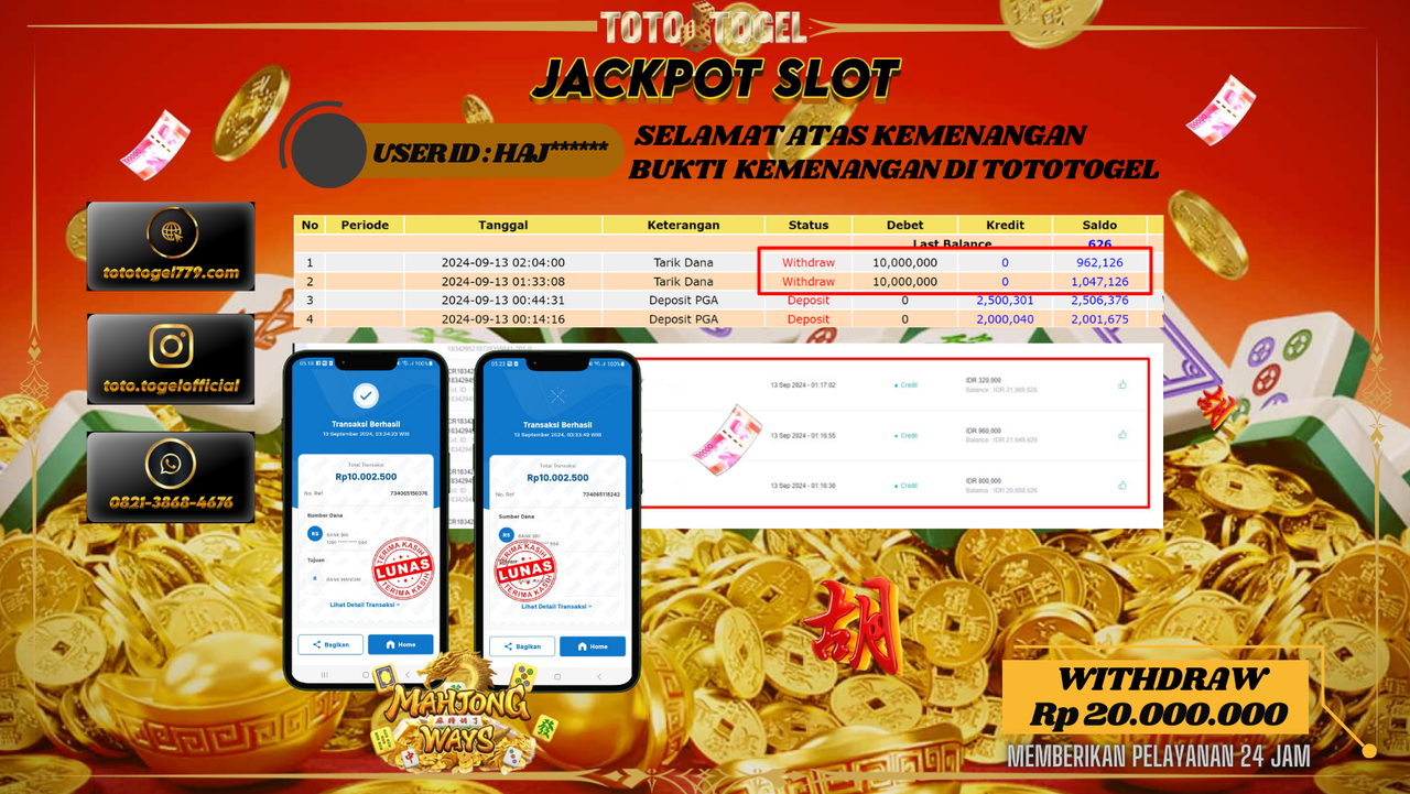 Bukti Kemenangan Permainan Slot Mahjong Ways Dengan ID : HAJ**** Terbayar Lunas!!