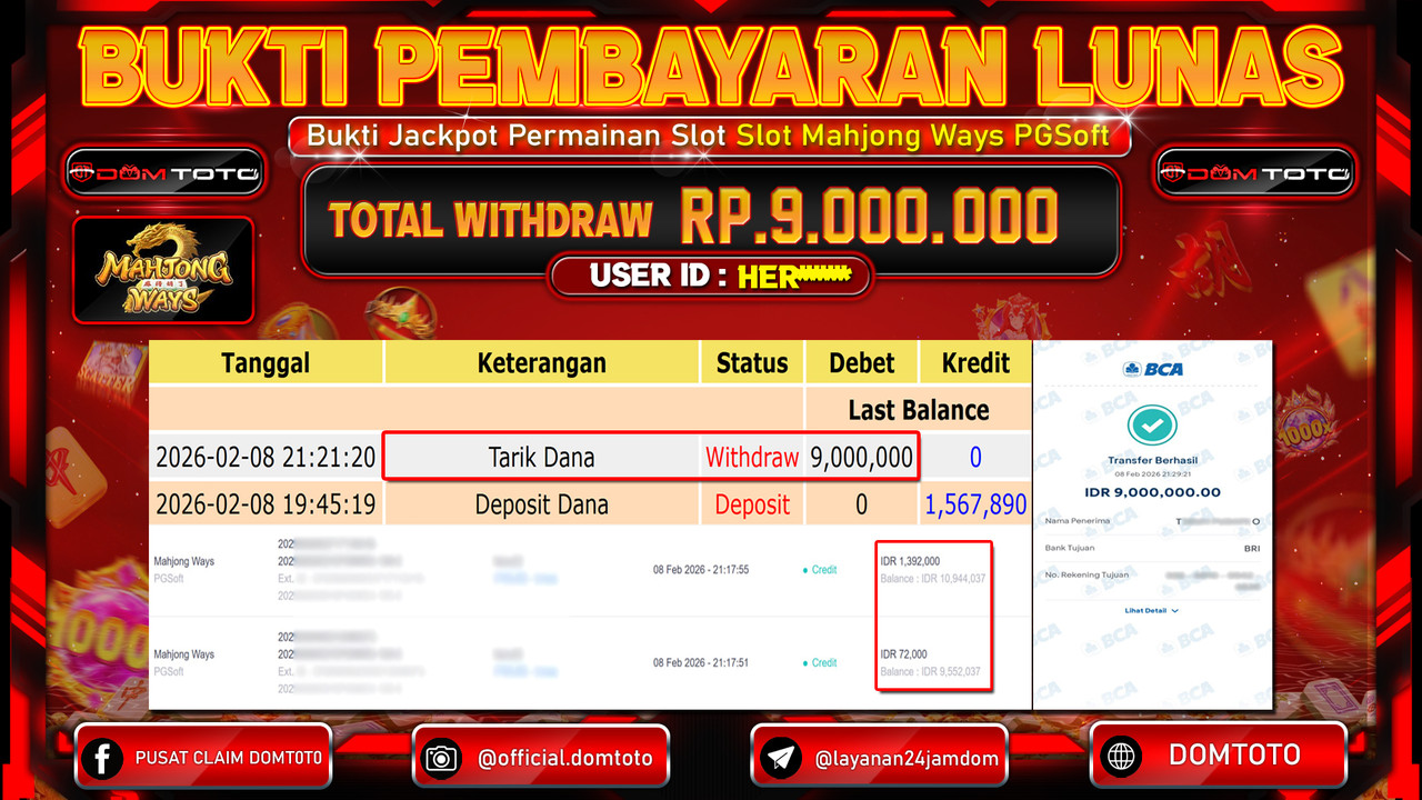 JACKPOT SLOT Mahjong Ways PGSoft 08 FEBRUARI 2026