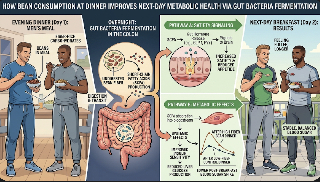 Diagram showing how beans eaten at dinner affect blood sugar and satiety at breakfast next day via gut bacteria fermentation process