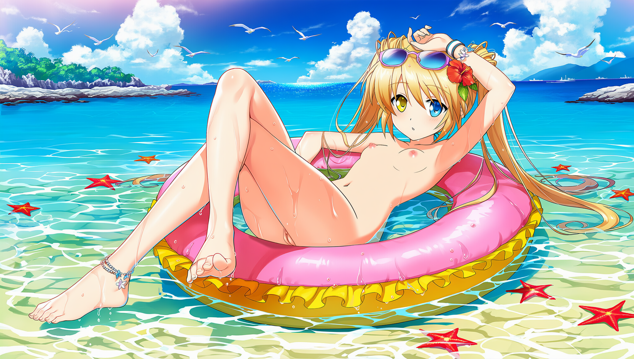 1girl breasts nipples looking at viewer outdoors eyewear on head swim ring s 799139941