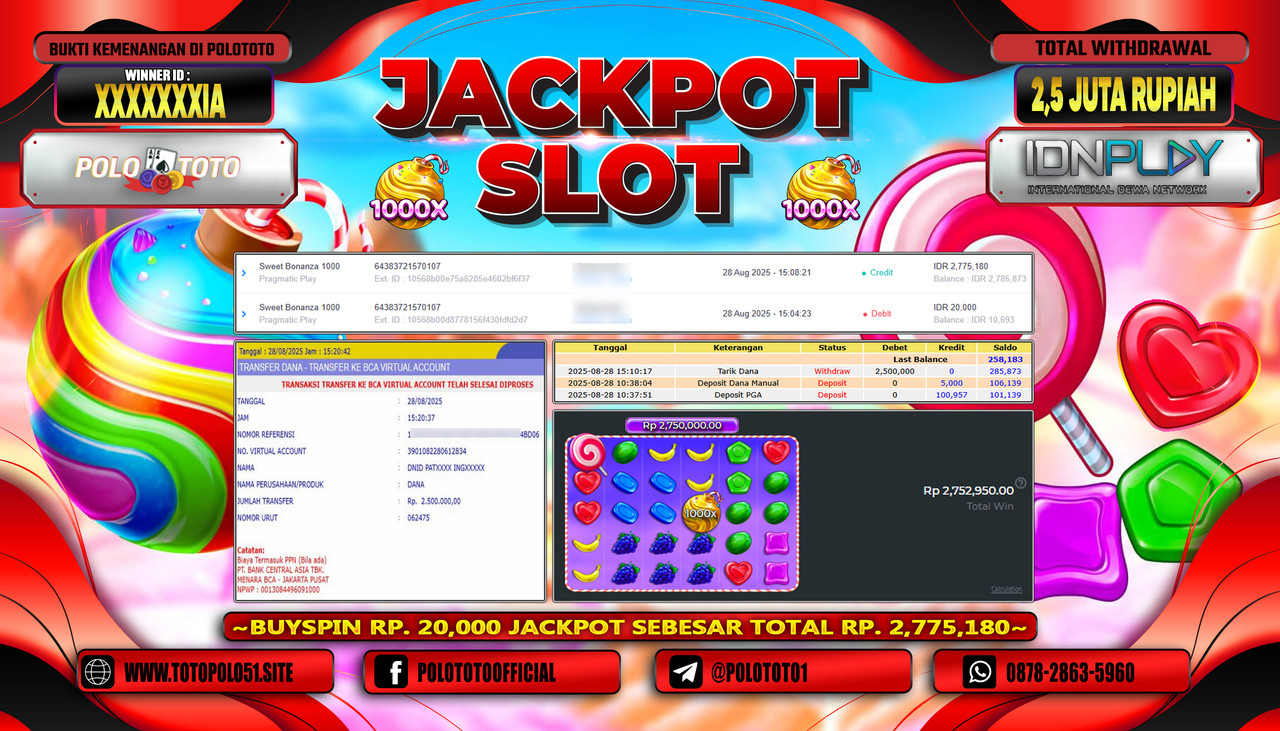 POLOTOTO JACKPOT SLOT SWEET BONANZA 1000 Rp.2.500.000,- LUNAS