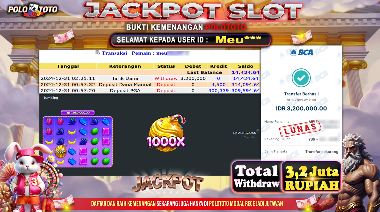 POLOTOTO JACKPOT SLOT SWEET BONANZA 1000 Rp.3,200.000,-
