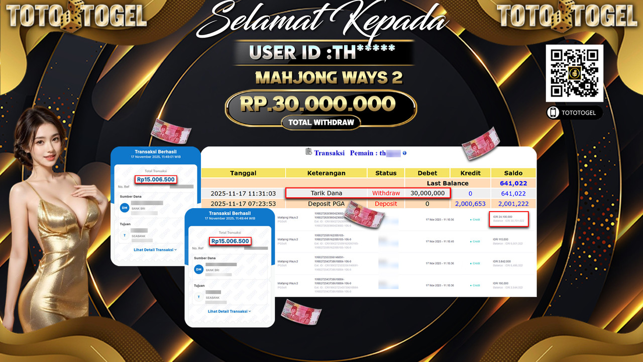 Bukti Pembayaran Jackpot Permainan Slot Mahjong Ways 2 ID:TH***** LUNAS