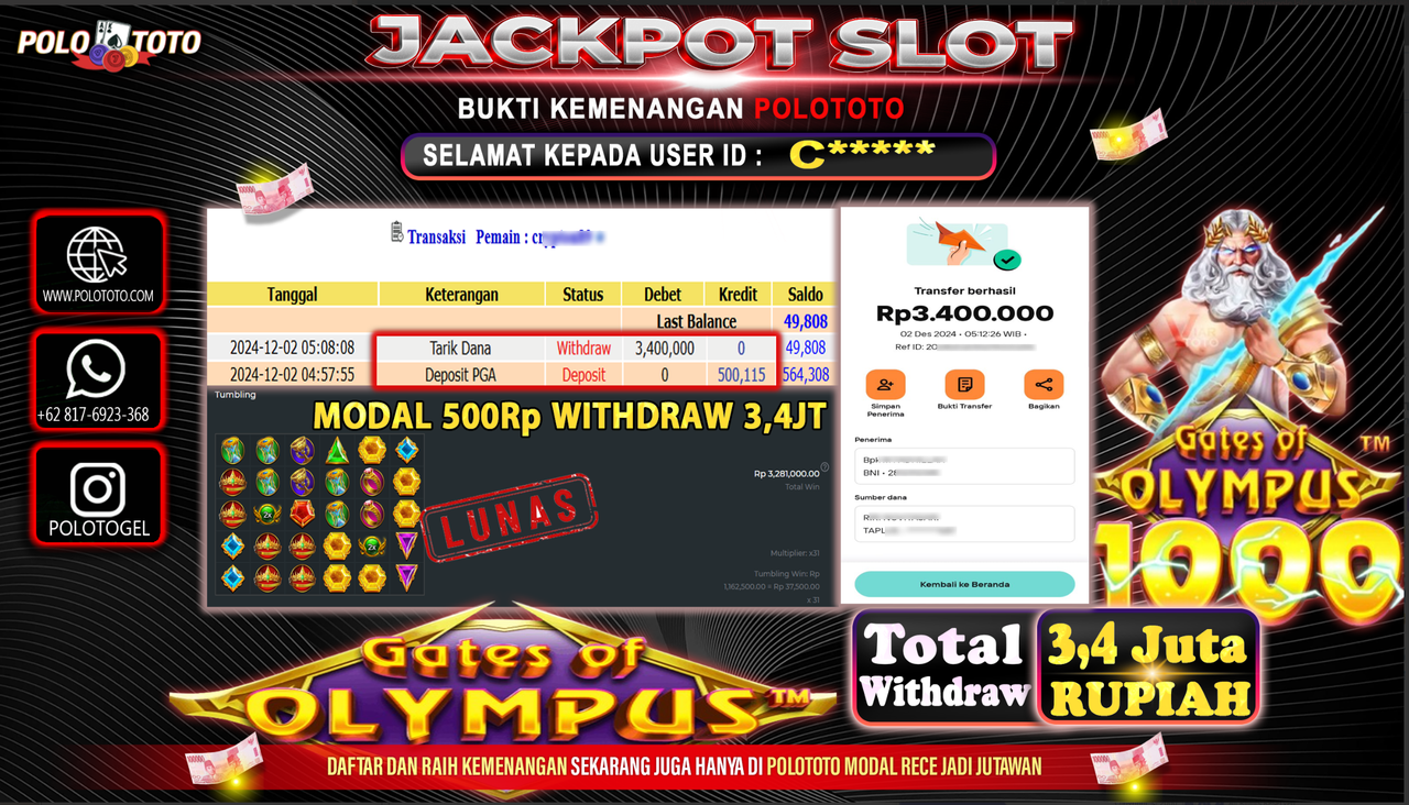 POLOTOTO JACKPOT SLOT GATES OF OLYMPUS 1000 Rp.3,400.000,-