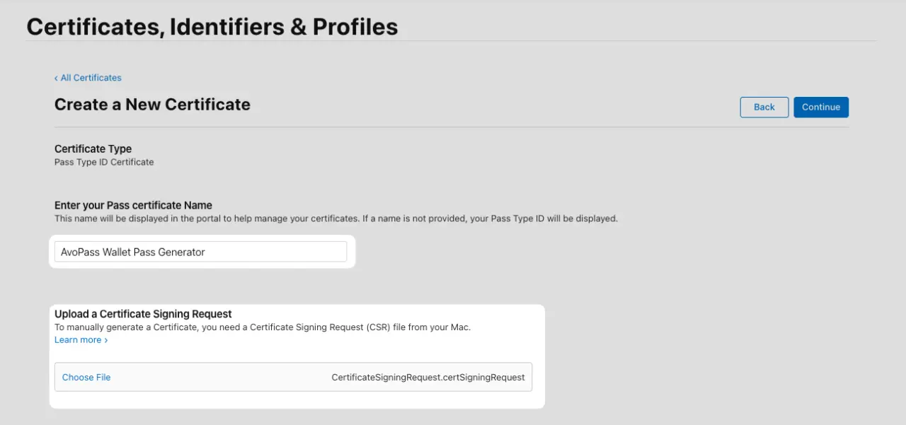 Creating a new Certificate name and CSR step