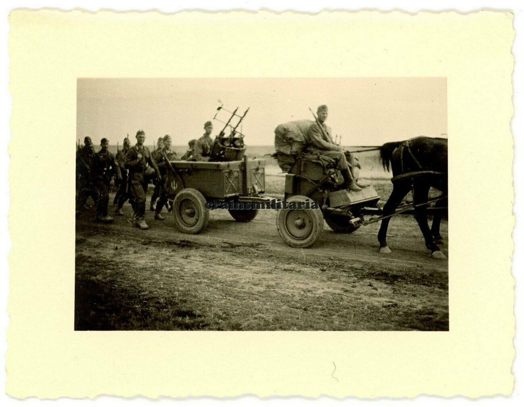 Orig. Foto Vormarsch Zwilling-MG Wagen Anhänger Waffen m. Wappen in Russland