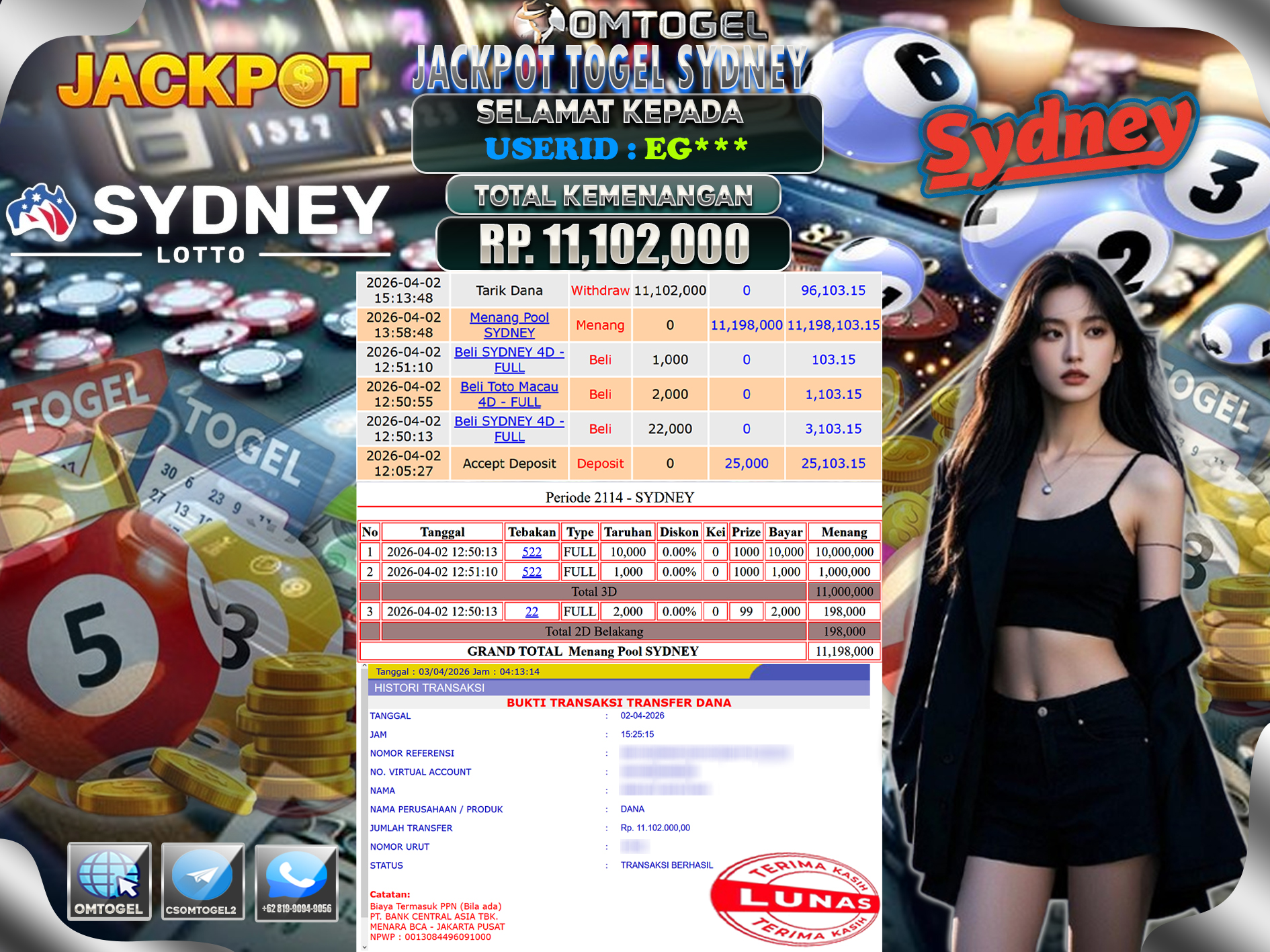 OMTOGEL JACKPOT TOGEL SYDNEY 3D 2D , 11 JUTA DI BAYAR LUNAS ,-