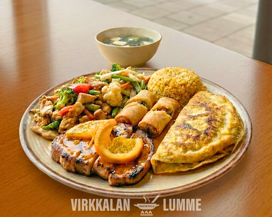 Virkkalan Lumme lounaslautanen – kanaa, riisiä ja kevätrullia