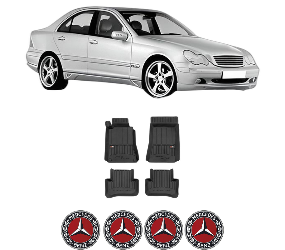 Set covorase presuri MERCEDES-BENZ C-CLASS (W203) din 2000-2007, auto, din cauciuc thermoplastic, 4 Stickere auto cu MERCEDES-BENZ