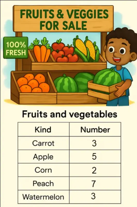 Table of fruits and vegetables with their counts