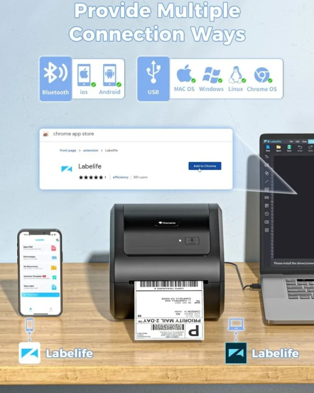Imprimante Thermique Phomemo D520BT – Bluetooth & USB avec Étiquettes