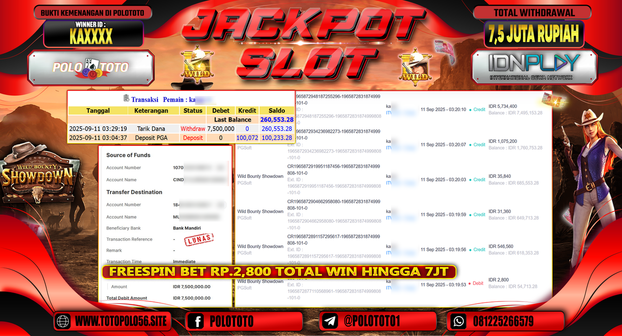 POLOTOTO JACKPOT SLOT WILD BOUNTY SHOWDOWN Rp.7.500.000,-LUNAS
