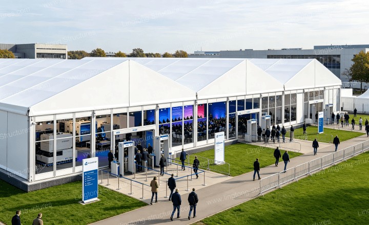 Hannover Messe tent installation on mixed lawn and paved surface