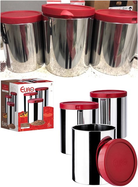 Porta Mantimentos Inox 3 Peças com Tampa, Euro, Vermelho