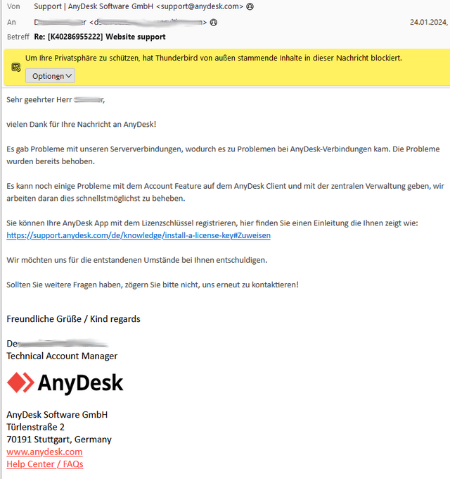 AnyDesk-Supportantwort auf Störung
