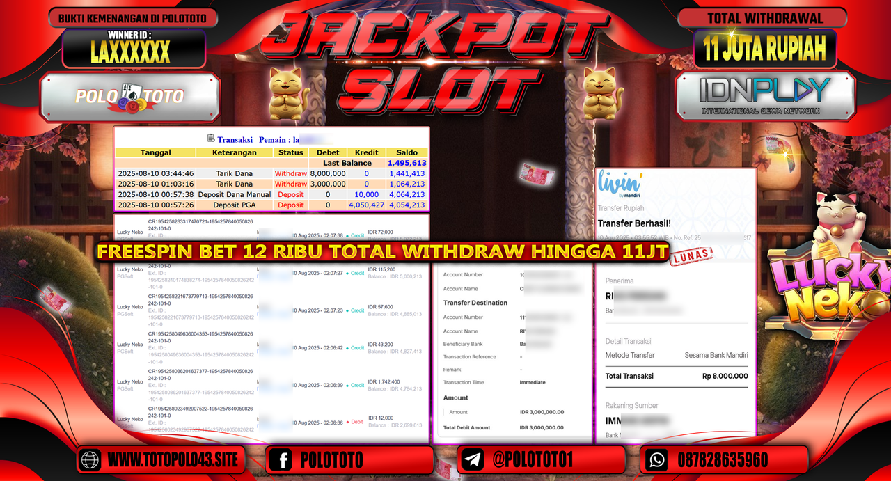 POLOTOTO JACKPOT SLOT LUCKY NEKO Rp.11.000.000,-LUNAS