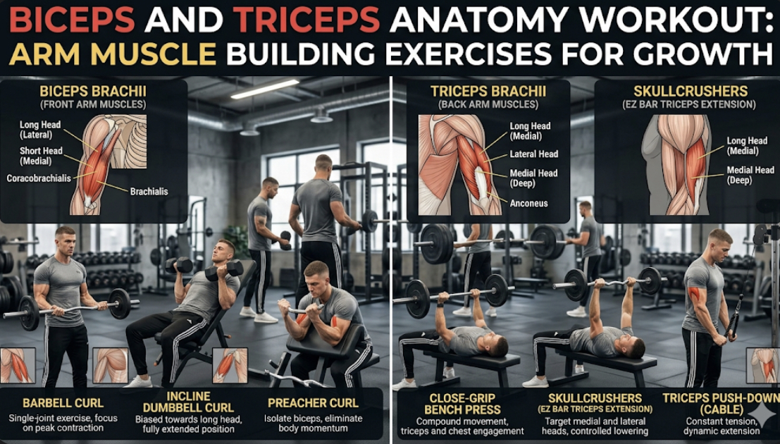 Biceps and triceps anatomy workout showing arm muscle building exercises for bigger biceps and triceps growth
